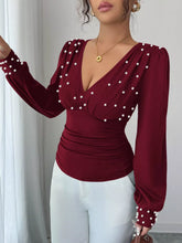 Pearl Embellished V-Neck Blouse Burgundy OutfitFlow