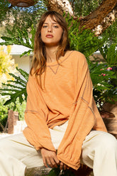 POL Exposed Seam Round Neck Long Sleeve Top Coral Orange OutfitFlow