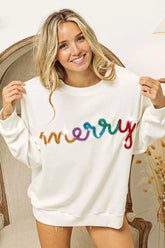BiBi Merry Tinsel Lettering Drop Shoulder Sweatshirt WHITE MULTI OutfitFlow