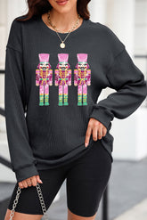 Sequin Nutcracker Round Neck Long Sleeve Sweatshirt Black OutfitFlow