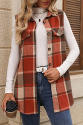 Plaid Button Up Vest Coat Terracotta OutfitFlow