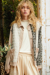 POL Leopard Exposed Seam Button Up Quilted Jacket Beige Multi OutfitFlow