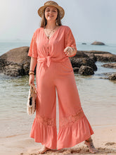 Plus Size Button Up Half Sleeve Top and Pants Set Coral OutfitFlow