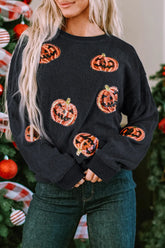 Sequin Patch Pumpkin Round Neck Sweatshirt Black OutfitFlow