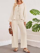 Tie Neck Balloon Sleeve Top and Pants Set Cream OutfitFlow