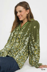 Umgee Floral Vine Print Blouse with Balloon Sleeves Olive OutfitFlow