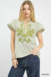 Umgee V-Neck Stripe Top with Lace Trim AVOCADO Trendsi