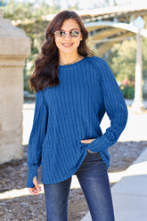 Basic Bae Full Size Ribbed Round Neck Long Sleeve Knit Top Royal Blue OutfitFlow
