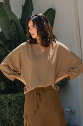 Annie Wear Notched Batwing Sleeve Blouse Camel OutfitFlow