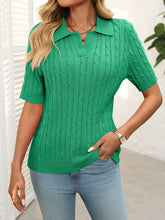 Mandy Cable Knit Johnny Collar Half Sleeve Sweater Green OutfitFlow
