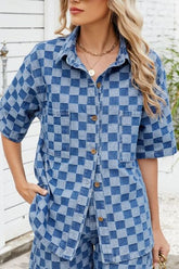 Button Down Checkered Denim Shirt Medium OutfitFlow