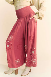 Davi & Dani Smocked Waist Flower Patch Wide Leg Pants Strawberry OutfitFlow