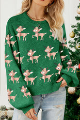 Reindeer Round Neck Drop Shoulder Sweater Green OutfitFlow