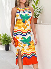 Plus Size Tropical Parrot Print Sleeveless Midi Dress Orange Trendsi