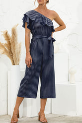 Ruffled Single Shoulder Tie Waist Jumpsuit Dark Blue OutfitFlow