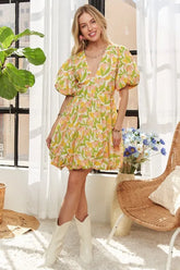 ADORA Puff Sleeve Floral Dress YELLOW OutfitFlow