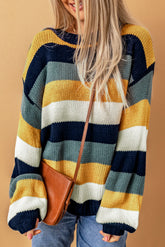 Color Block Round Neck Dropped Shoulder Sweater Gold OutfitFlow