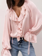 Ruffle Trim Satin Flounce Sleeve Blouse Blush Pink OutfitFlow