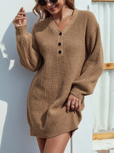 V-Neck Dropped Shoulder Mini Sweater Dress Camel OutfitFlow