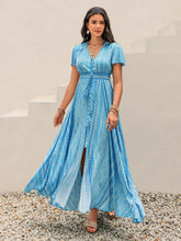 Printed Button Down Short Sleeve Maxi Dress Sky Blue OutfitFlow