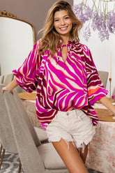 BiBi Tied Neck Half Balloon Sleeve Zebra Satin Top FUCHSIA MULTI OutfitFlow