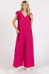 Mittoshop V-Neck Ruffled Cap Sleeve Wide Leg Jumpsuit Deep Rose OutfitFlow