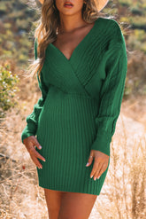 Cable-Knit Surplice Lantern Sleeve Sweater Dress Dark Green OutfitFlow