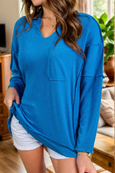 Exposed Seam Notched Long Sleeve Blouse Sky Blue OutfitFlow