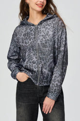 Pocketed Leopard Zip Up Hooded Jacket Dark Gray OutfitFlow