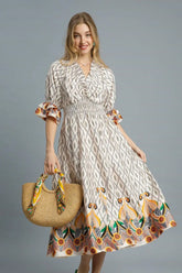 Umgee Printed Smocked Waist Flounce Sleeve Midi Dress Ivory OutfitFlow