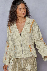 POL Raw Hem Zip Up Floral Jacket with Plaid and Crochet Patch Sage OutfitFlow