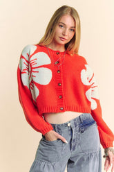 Davi & Dani Flower Contrast Round Neck Long Sleeve Cardigan Orange OutfitFlow