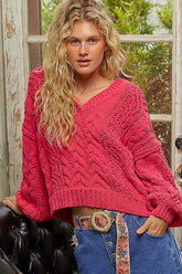 POL Cable-Knit Solid V-Neck Cropped Sweater FUCHSIA OutfitFlow