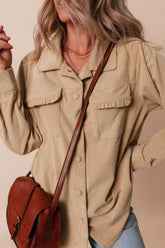 Frill Button Up Long Sleeve Jacket Tan OutfitFlow