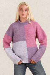 VERY J Color Block Mock Neck Drop Shoulder Sweater Purple OutfitFlow