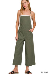 Zenana Woven Spaghetti Strap Overalls DK OLIVE OutfitFlow