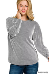 Zenana Full Size Raised Rib Round Neck Long Sleeve Top Plus Size BLACK WHITE OutfitFlow