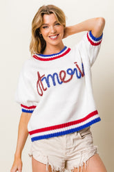 BiBi Metallic America Letter Short Sleeve Sweater Ivory OutfitFlow