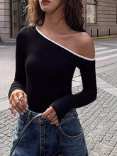 Contrast Trim One Shoulder Long Sleeve T-Shirt Black OutfitFlow