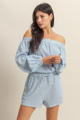 HYFVE Off Shoulder Top and Shorts Set BLUE WHITE OutfitFlow