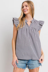 Ces Femme Plaid Notched Ruffled Cap Sleeve Blouse Black OutfitFlow