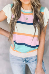Color Block Round Neck Cap Sleeve Knit Top Stripe OutfitFlow