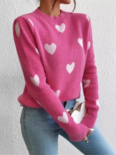 Heart Pattern Round Neck Sweater Hot Pink OutfitFlow
