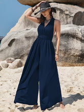 Surplice Wide Leg Jumpsuit with Free Tie Dark Blue OutfitFlow
