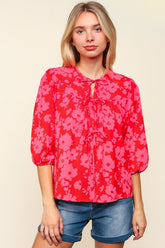 Haptics Full Size Ribbon Bow Floral Balloon Sleeve Blouse Red Pink OutfitFlow