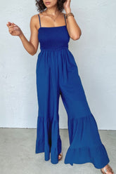 Spaghetti Straps Smocked Ruffled Wide Leg Jumpsuit Royal Blue OutfitFlow