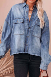 Collared Neck Raw Hem Long Sleeve Denim Shirt Light OutfitFlow