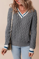 Cable-Knit V-Neck Long Sleeve Sweater Dark Gray OutfitFlow