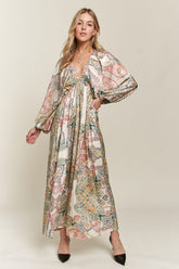 ADORA Printed V-Neck Batwing Sleeve Dress Light Green OutfitFlow