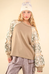 VERY J Printed Long Sleeve Round Neck Knit Top Taupe OutfitFlow